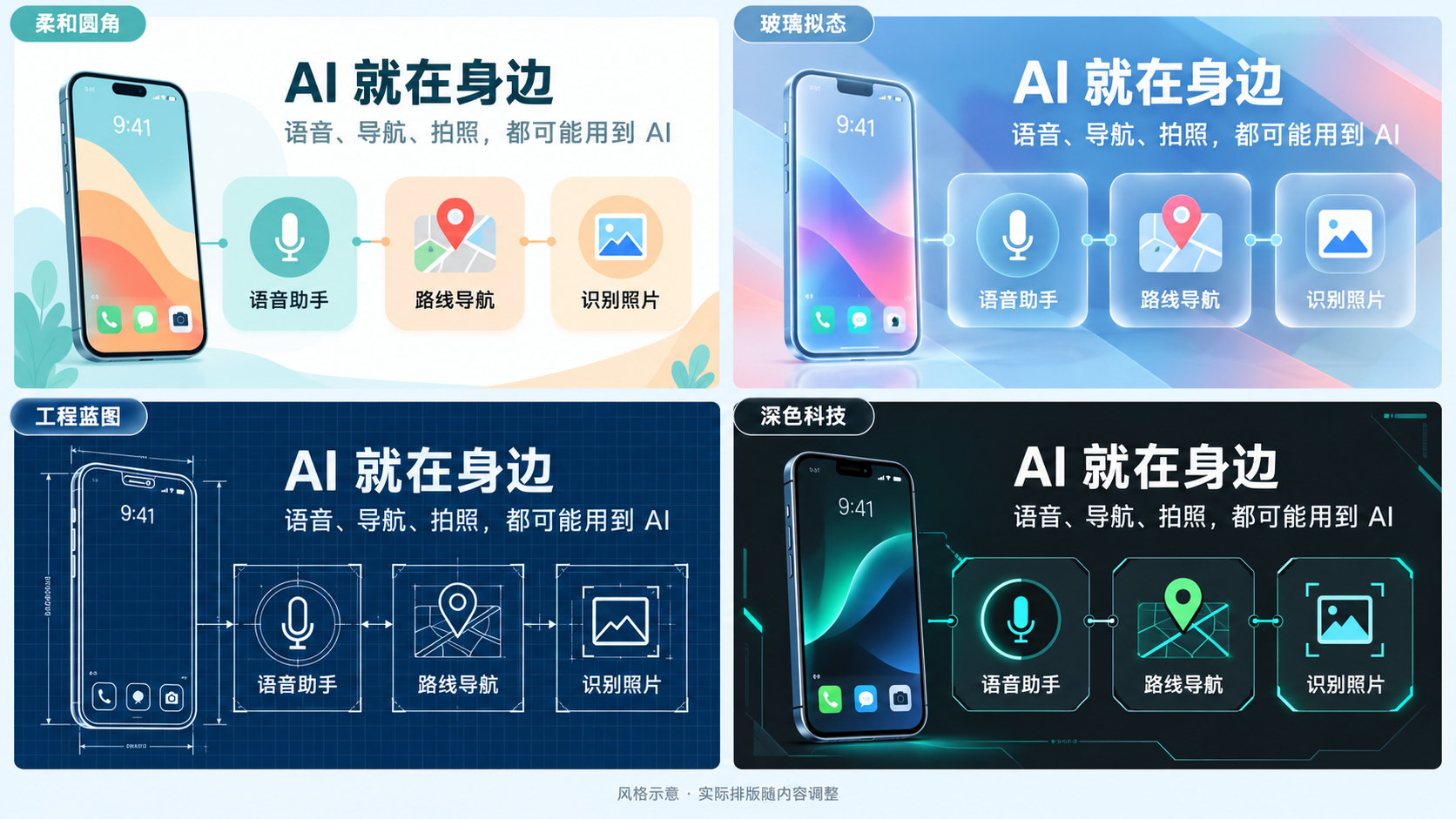 同一手机与 AI 内容，分别使用柔和圆角、玻璃拟态、工程蓝图和深色科技的风格示意对比